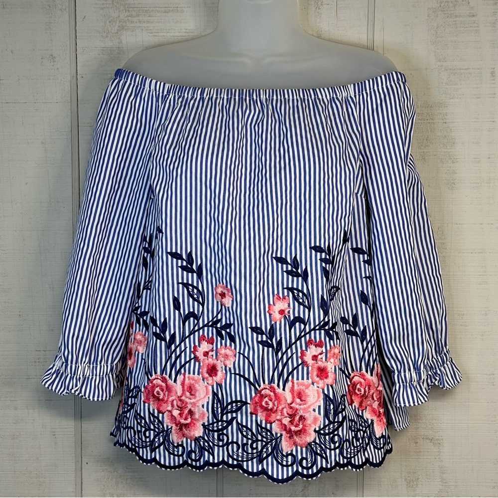 Elle Floral Embroidered Bardot Neckline Top S Euro Summer Garden Party NWT